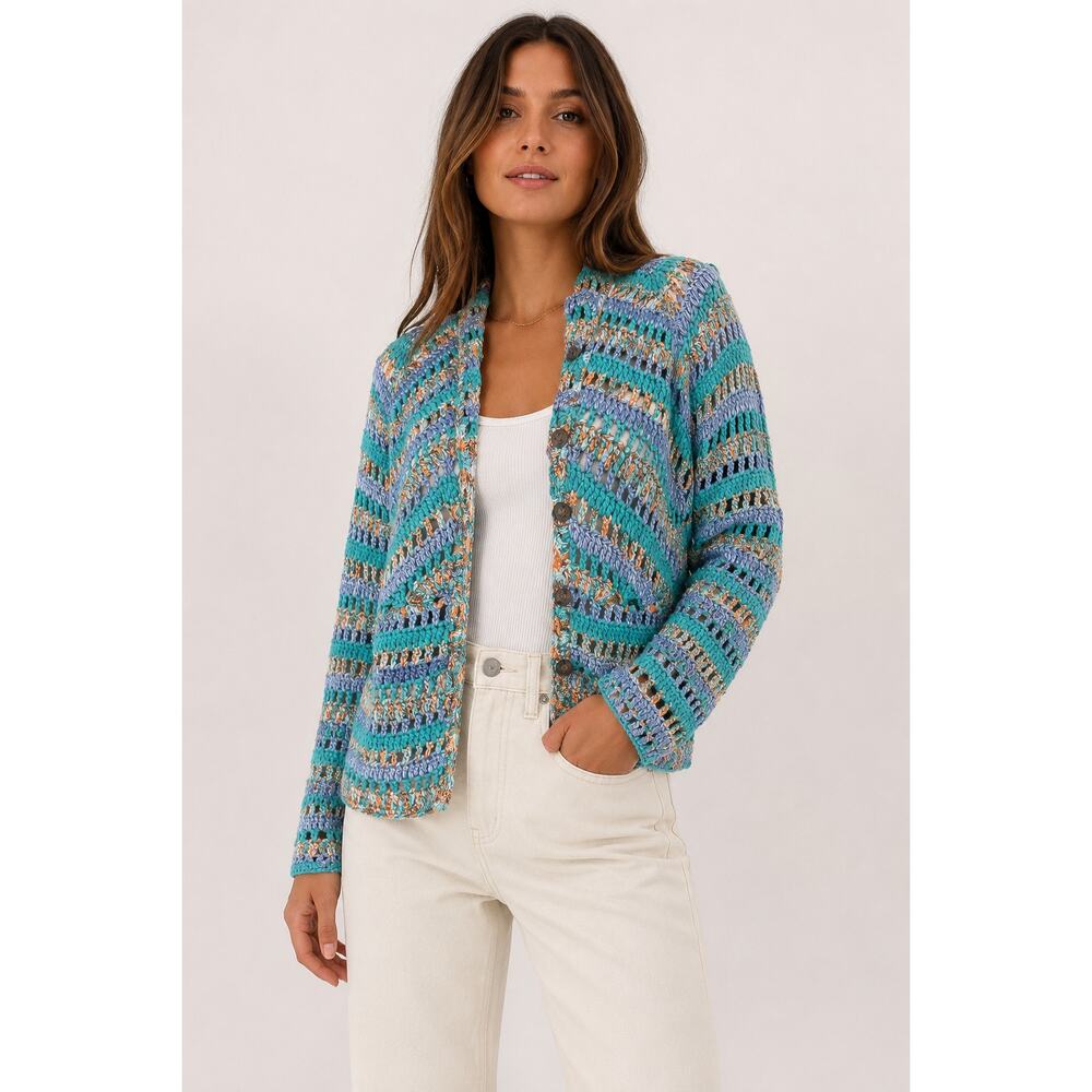 J. Jill Hand Crochet Open Knit Cardigan Blue Teal Cotton Blend Boho Medium - Picture 9 of 12